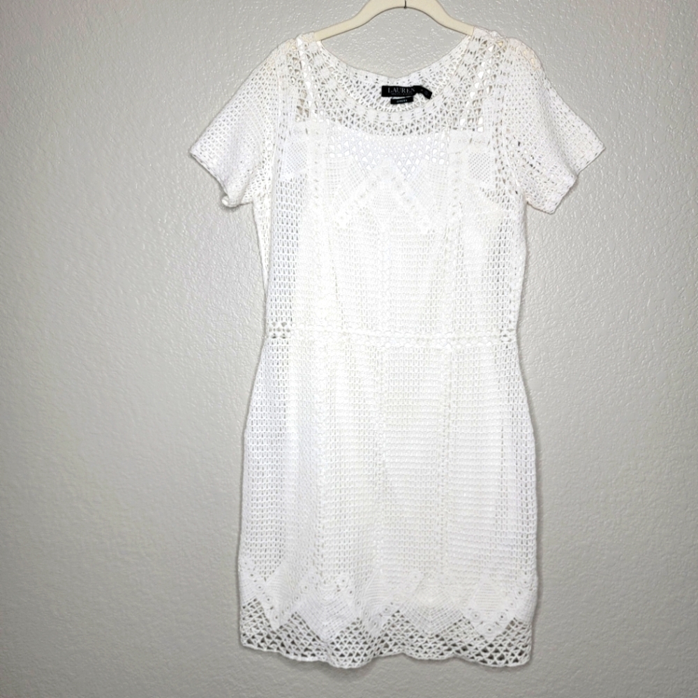 Lauren Ralph Lauren Women's White Crochet Short Sleeve Midi Dress Size Medium
